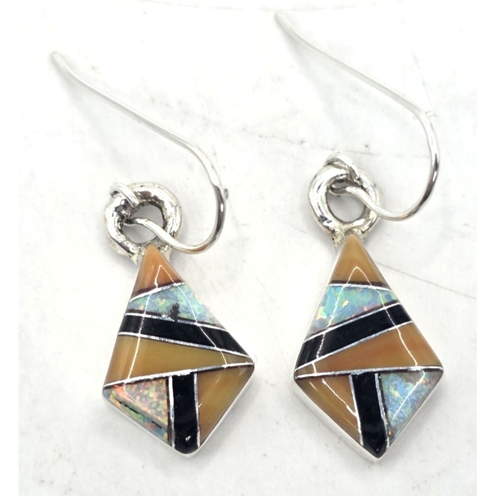 Multi-Gemstone Dangle Earrings Diamond Opal Onyx Handmade Sterling Silver 925 - Picture 3 of 10